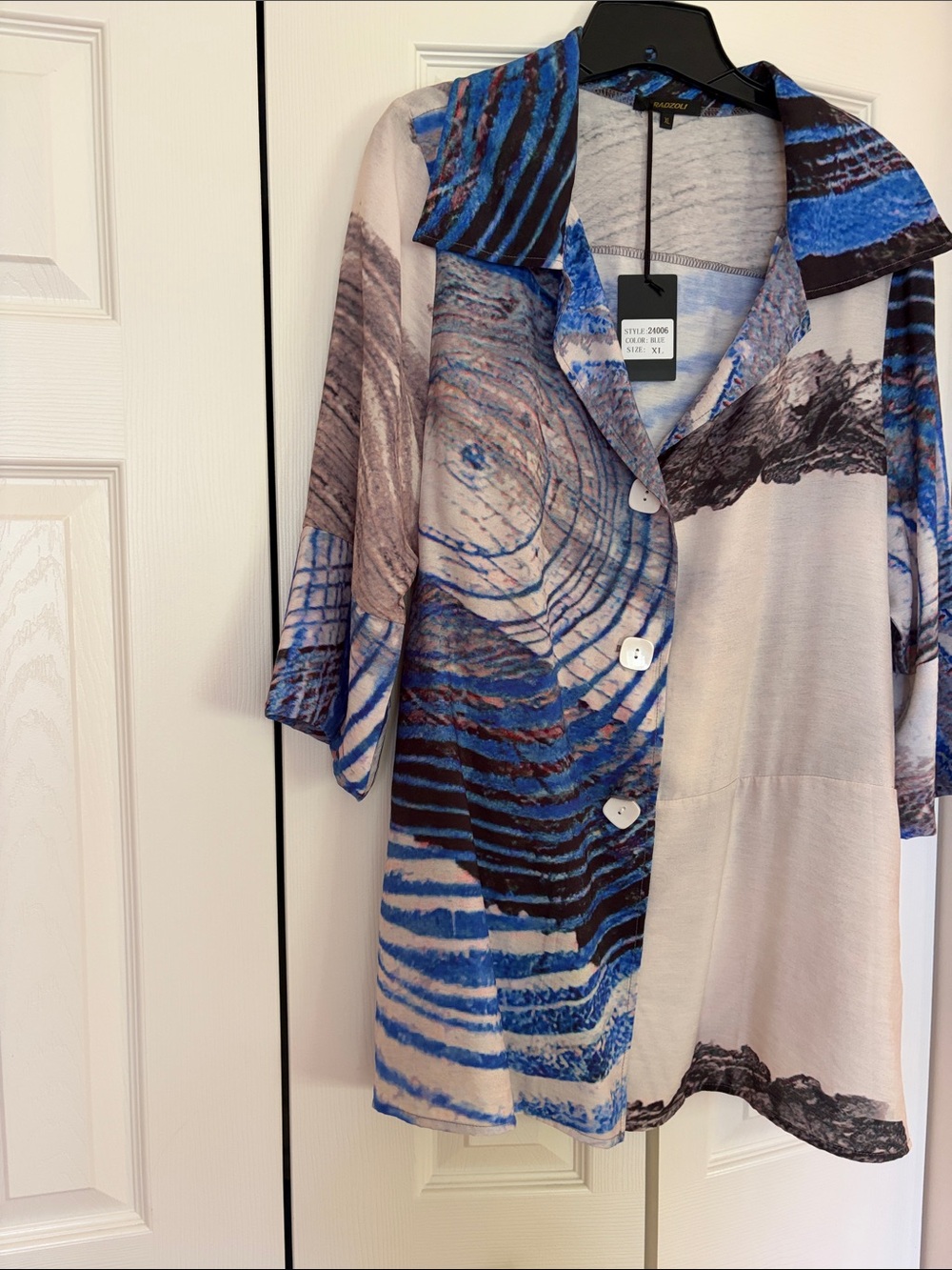 Radzoli Blue, White and Black Abstract Print Button-Up Blouse